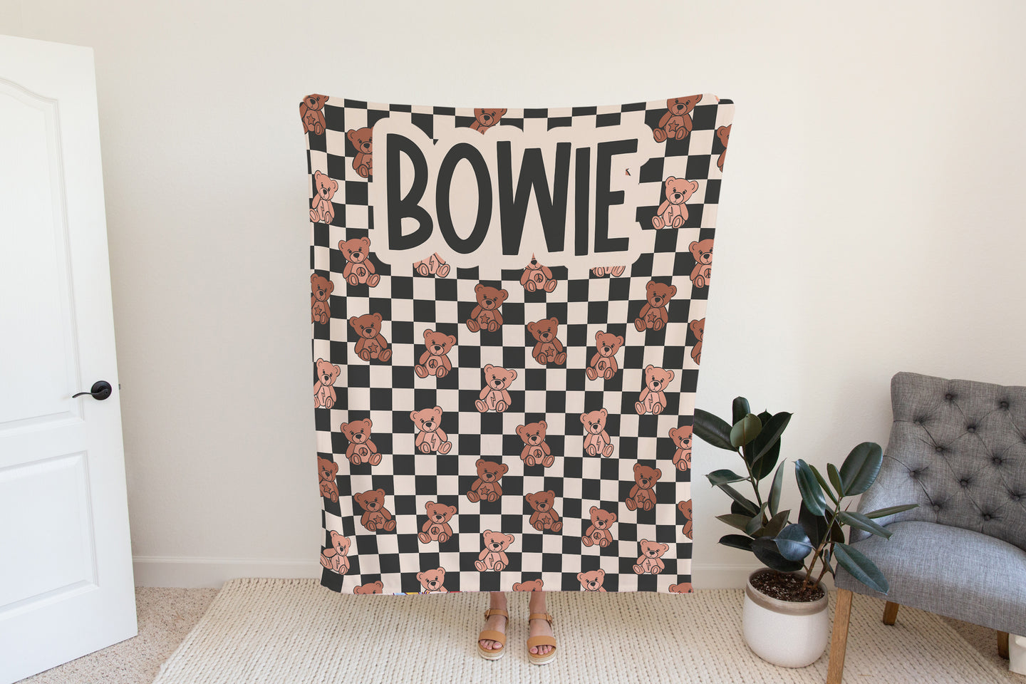 Personalized Boys Teddy Bear Blanket Checkered